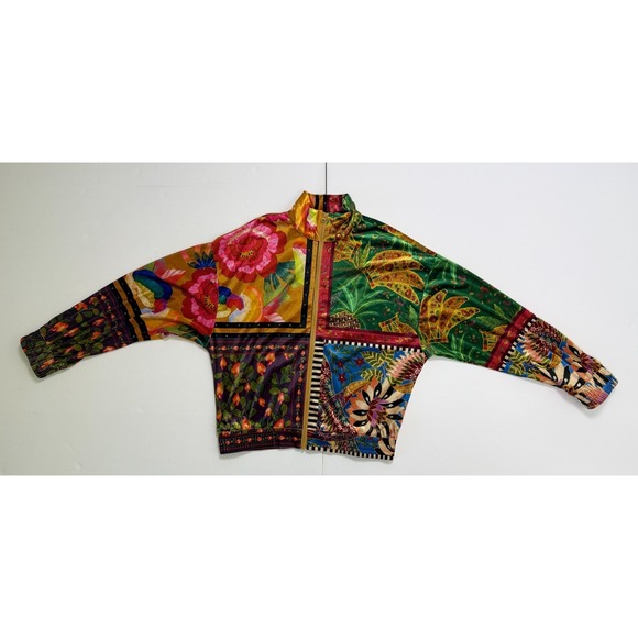 FARM Rio "Mixed Scarves" Velour Bomber Jacket Women's S Tropical Patchwork - Picture 9 of 16